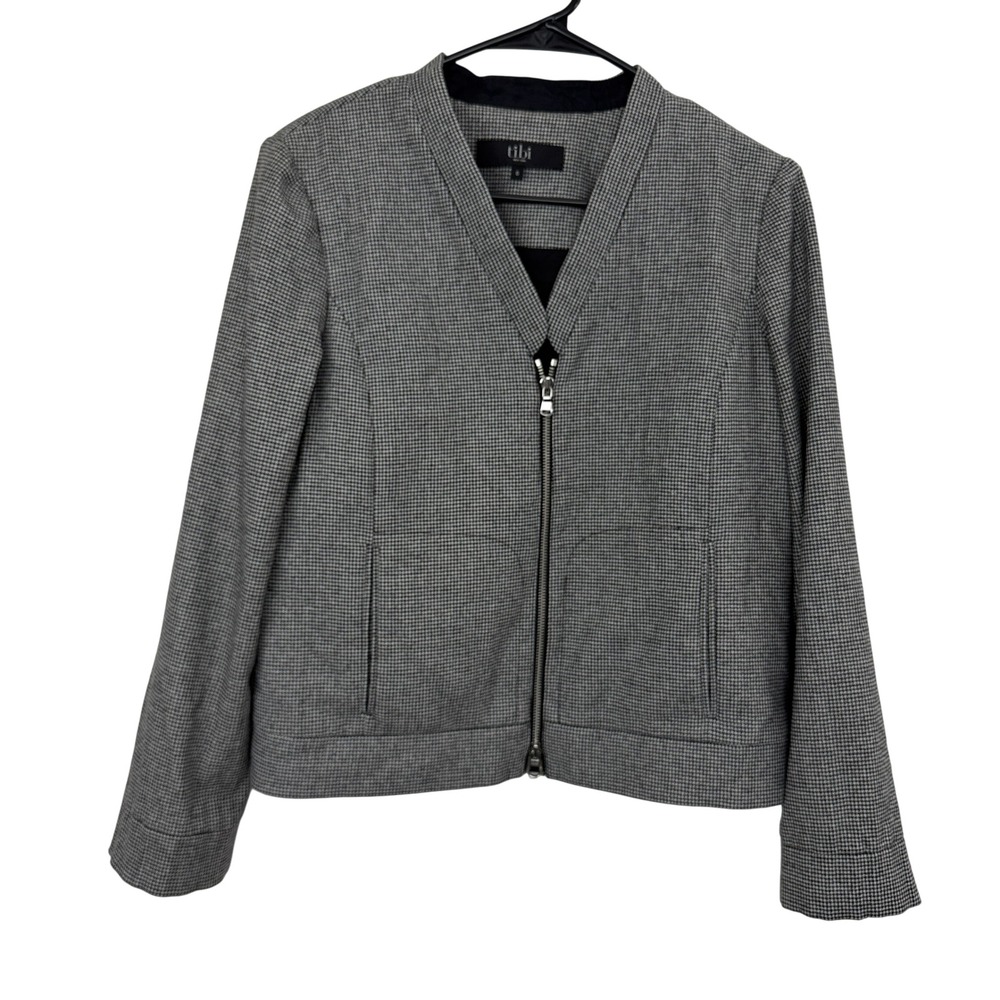 Tibi Jacket Womens 6 Black White Houndstooth Full Zip Wool Blend Blazer Layering